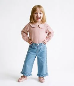 Blusa Infantil em Anarruga com Gola Boneca Bordada – Tam 1 a 6 Anos