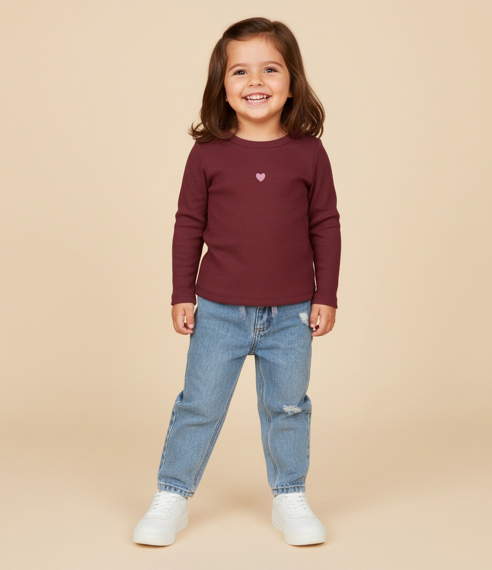 Camiseta Infantil em Ribana com Bordado de Coração – Tam 1 a 5/6 Anos Bordô 1