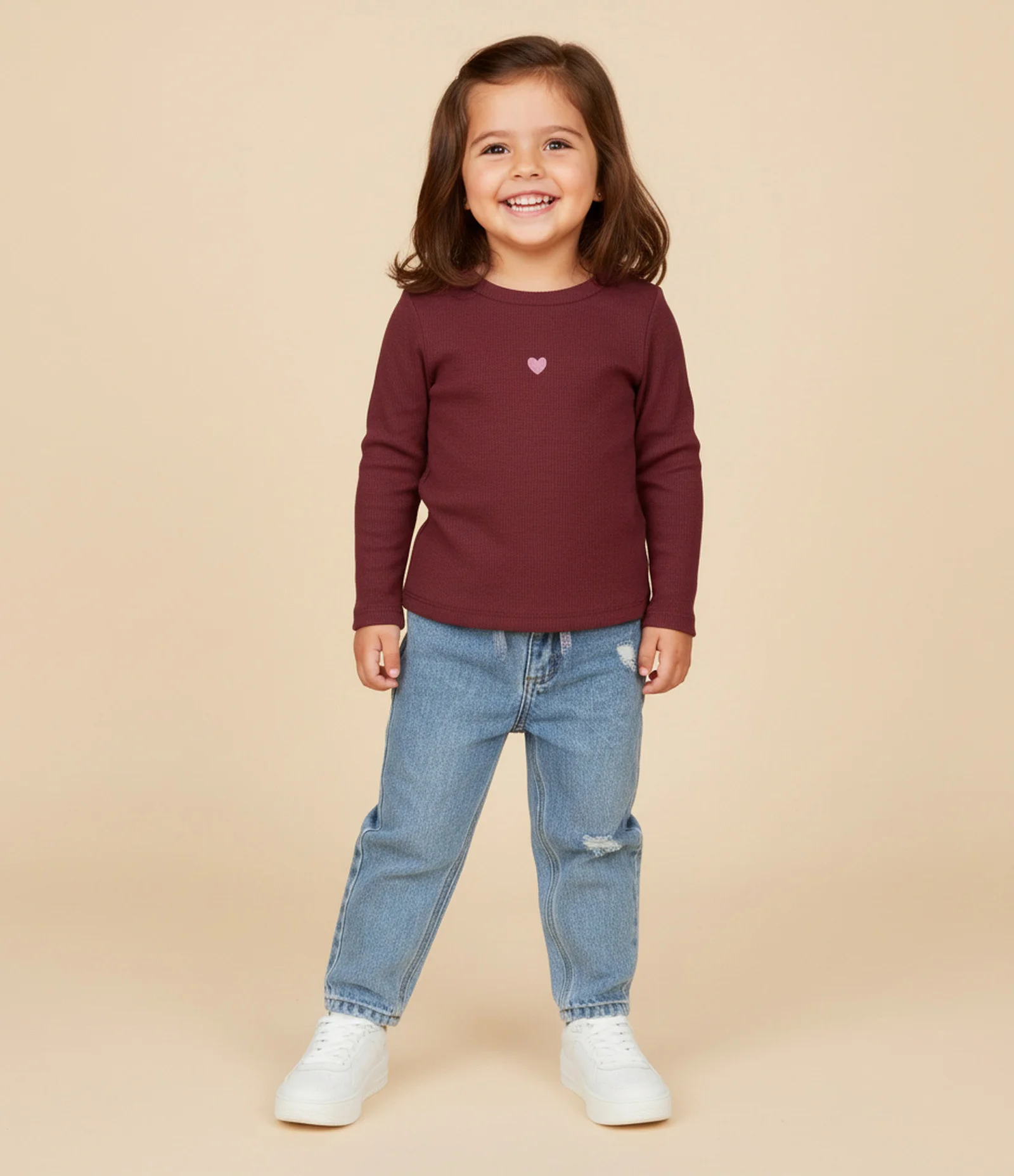 Camiseta Infantil em Ribana com Bordado de Coração – Tam 1 a 6 Anos Bordô 2