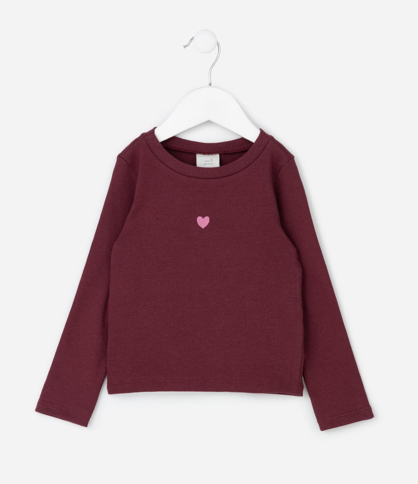 Camiseta Infantil em Ribana com Bordado de Coração – Tam 1 a 5/6 Anos Bordô 2