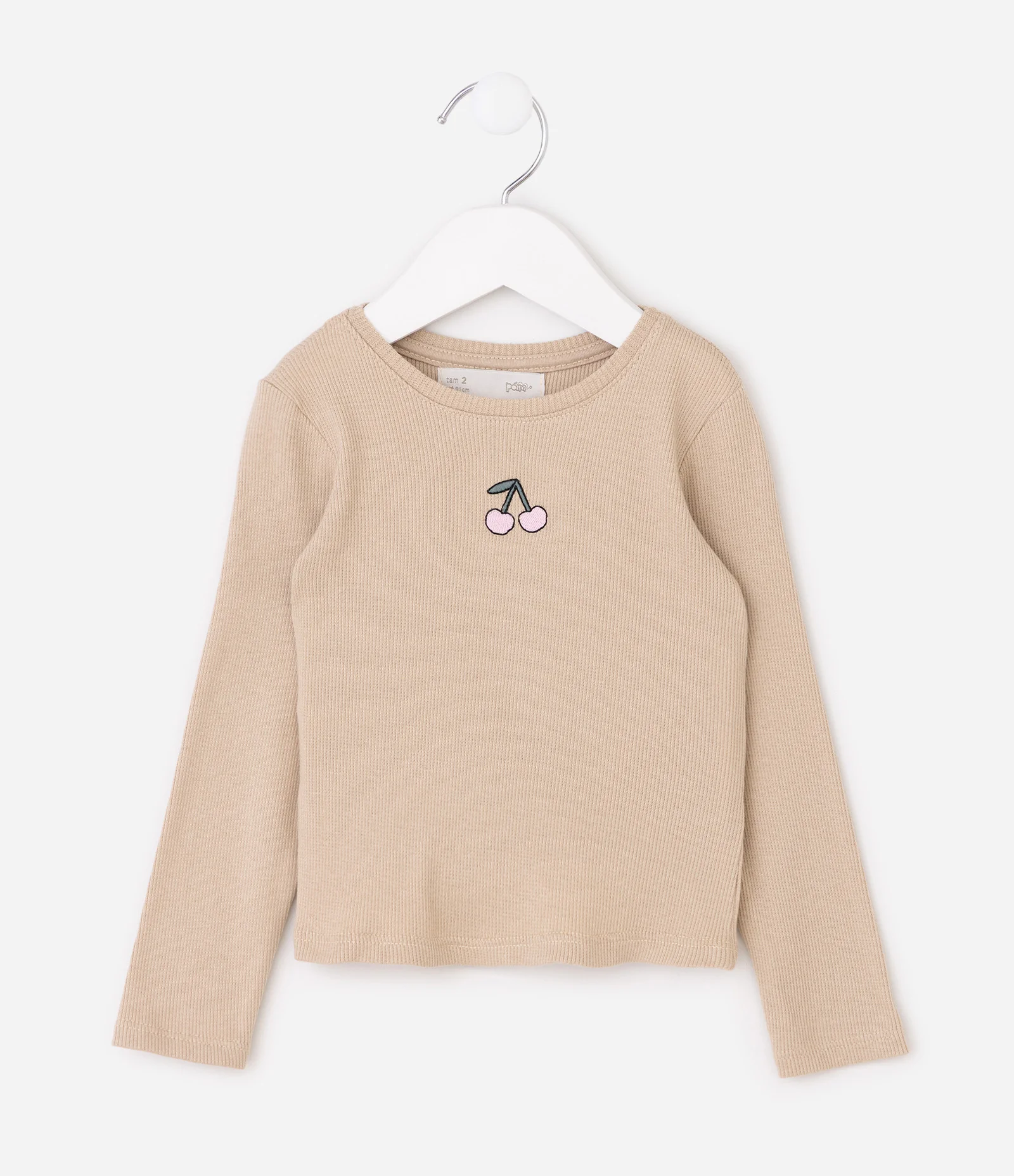 Camiseta Infantil em Ribana com Bordado Cereja – Tam 1 a 6 Anos Bege 1