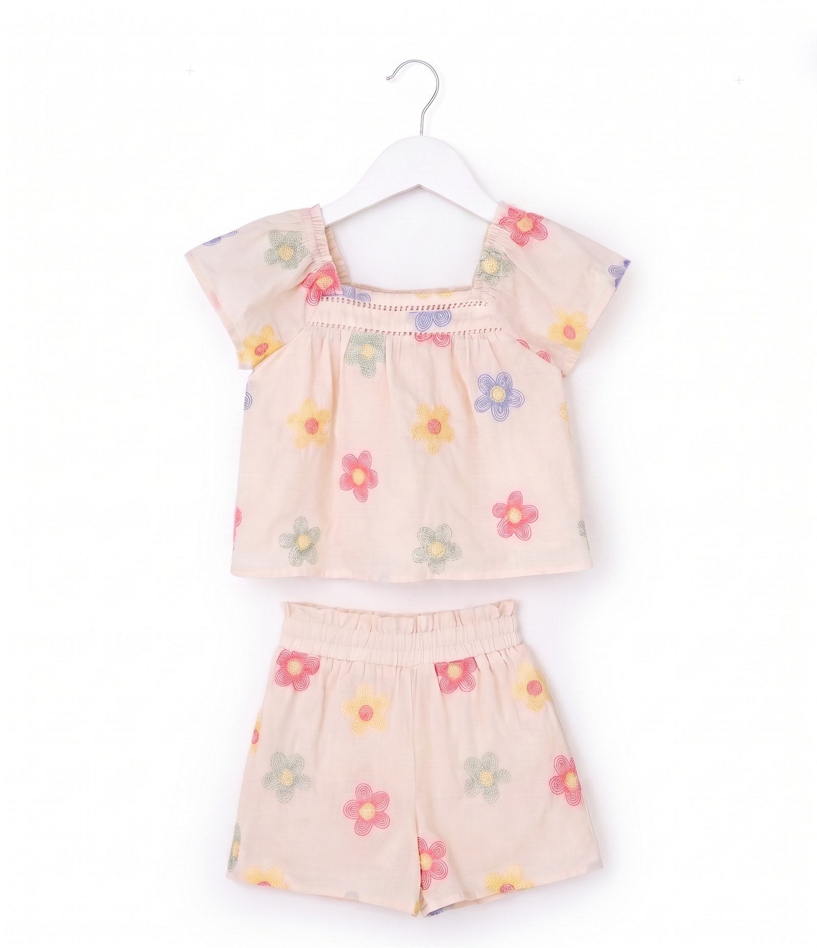 Conjunto Infantil Em Algodão Bordado Flores - Tam 1 a 6 Anos Bege 1