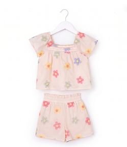 Conjunto Infantil Em Algodão Bordado Flores - Tam 1 a 6 Anos