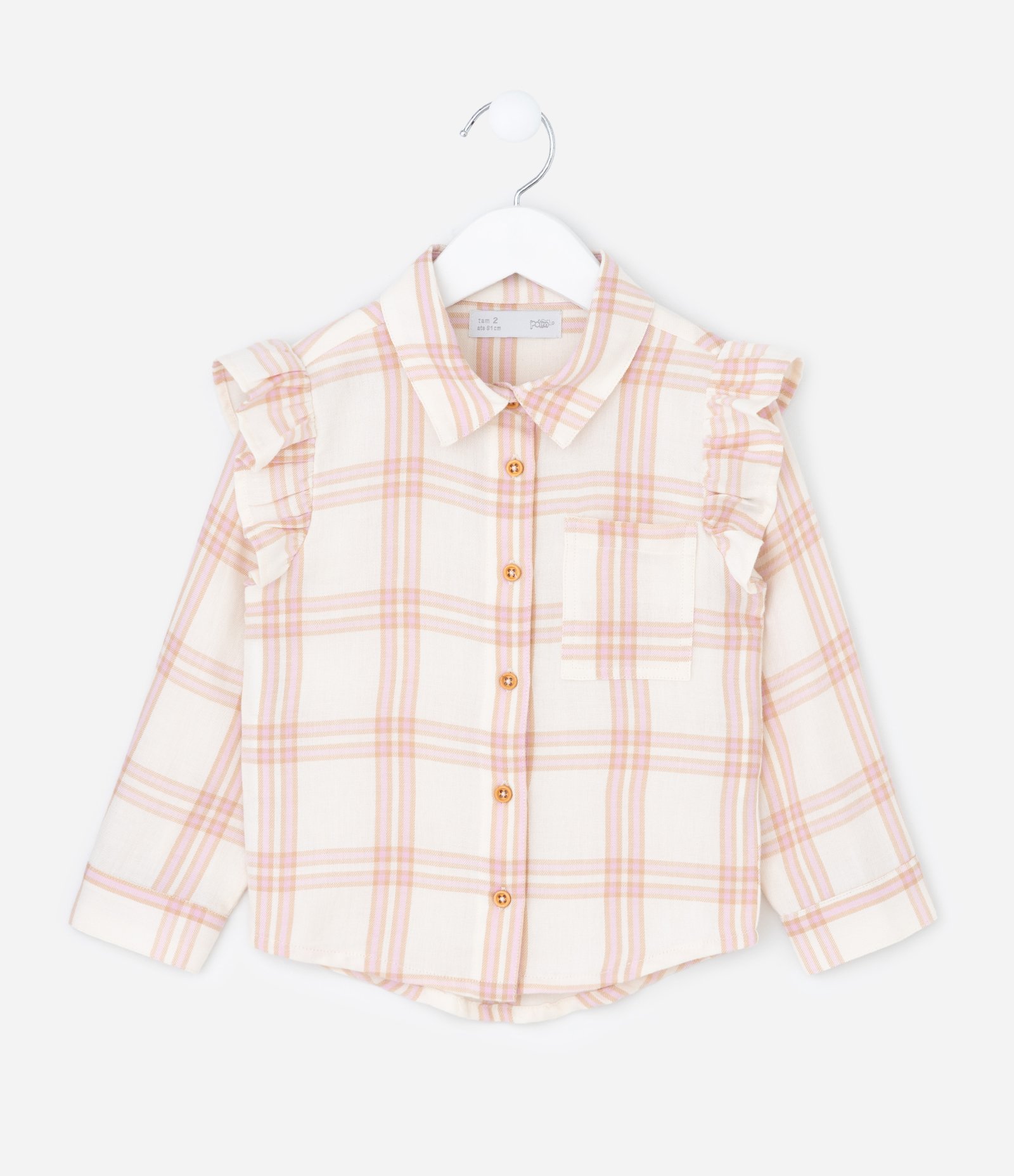 Camisa em Tricoline Xadrez Manga Longa - Tam 1 a 6 Anos Bege 1