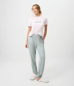 Pijama Longo em Peach Touch com Estampa Xadrez e Lettering