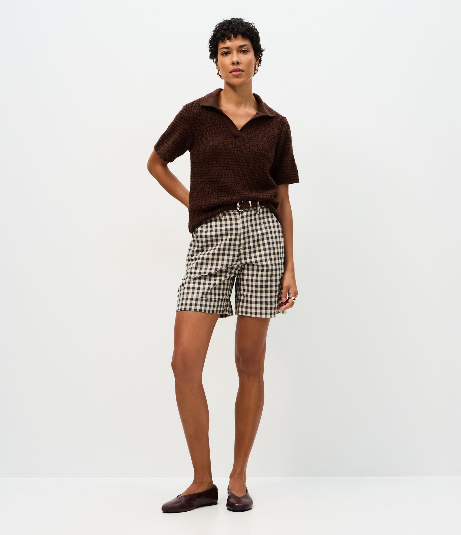 Short Alfaiatado em Sarja com Estampa Xadrez Vichy Preto