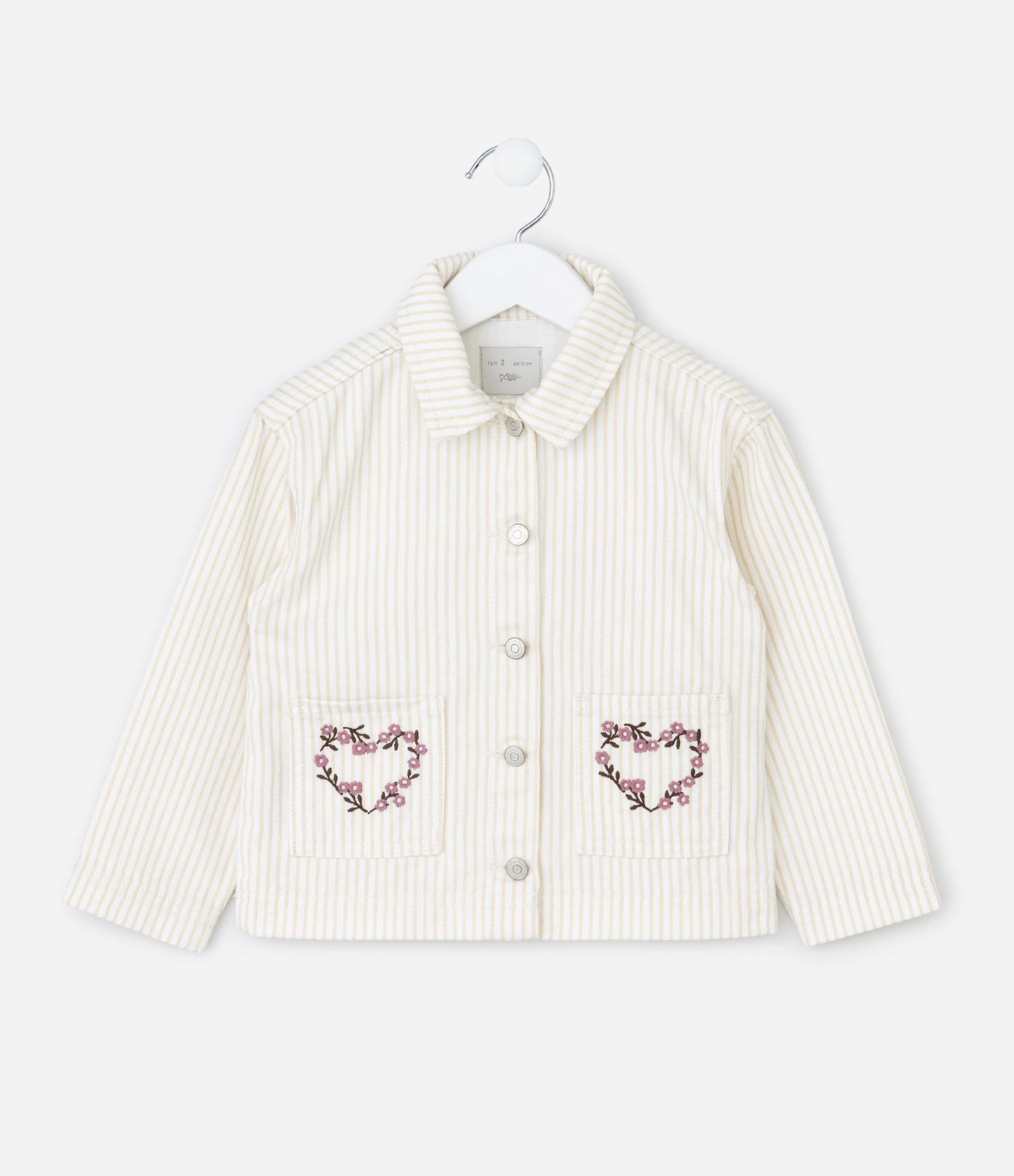 Jaqueta Infantil em Sarja Listrada com Estampa Floral – Tam 1 a 6 Anos Off White/Bege 2