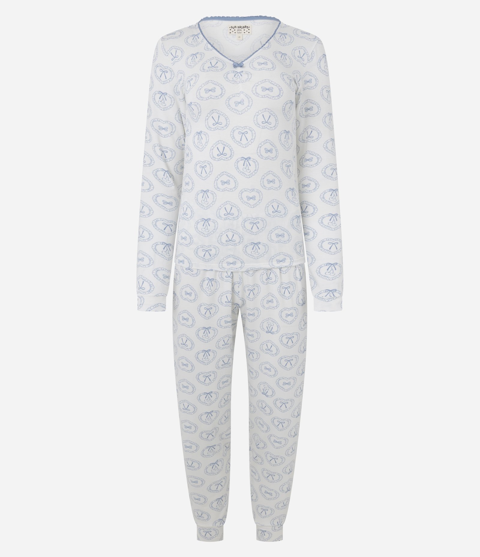Pijama Longo em Viscolycra com Estampa de Laços Branco/Azul 5