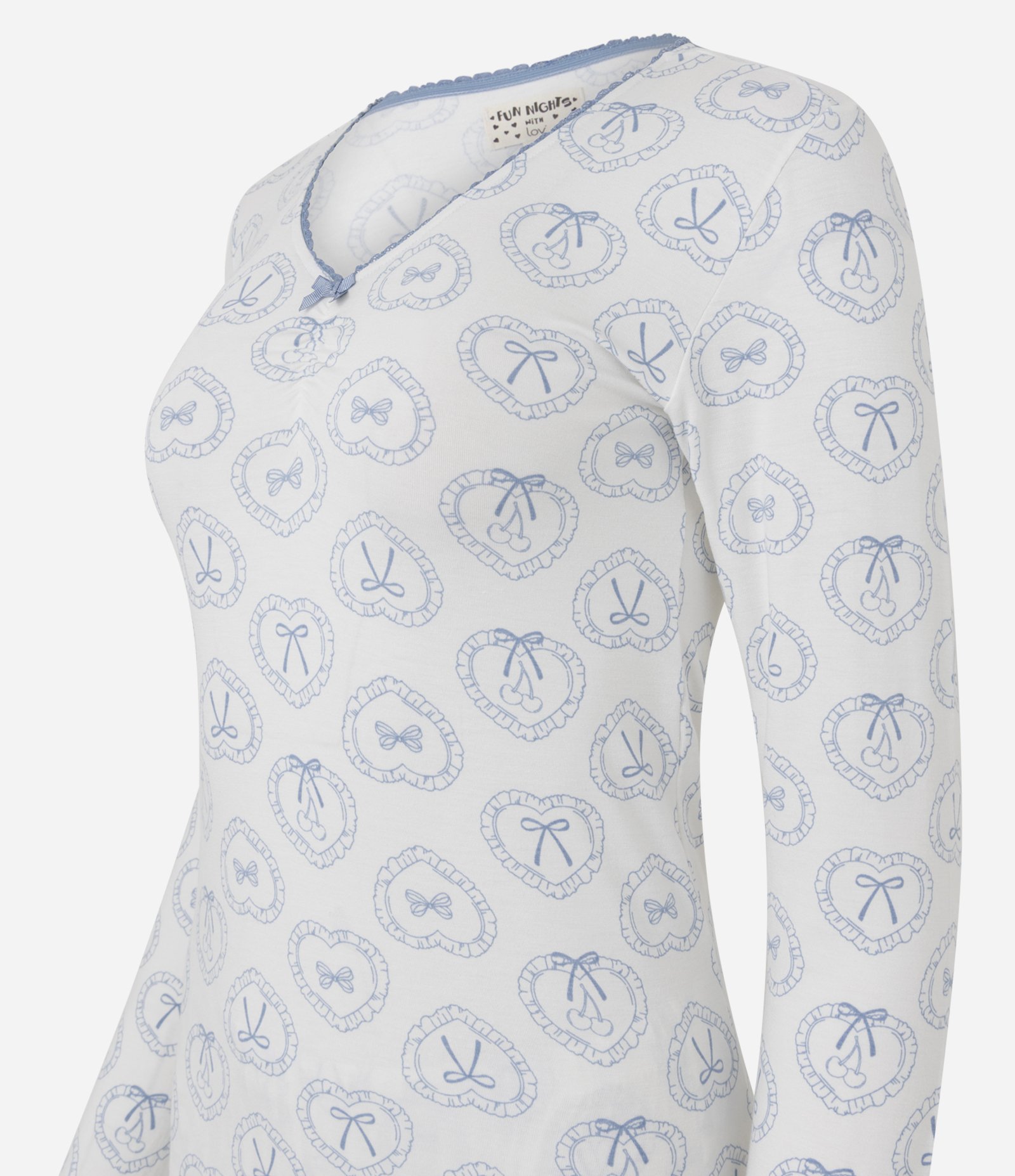 Pijama Longo em Viscolycra com Estampa de Laços Branco/Azul 6