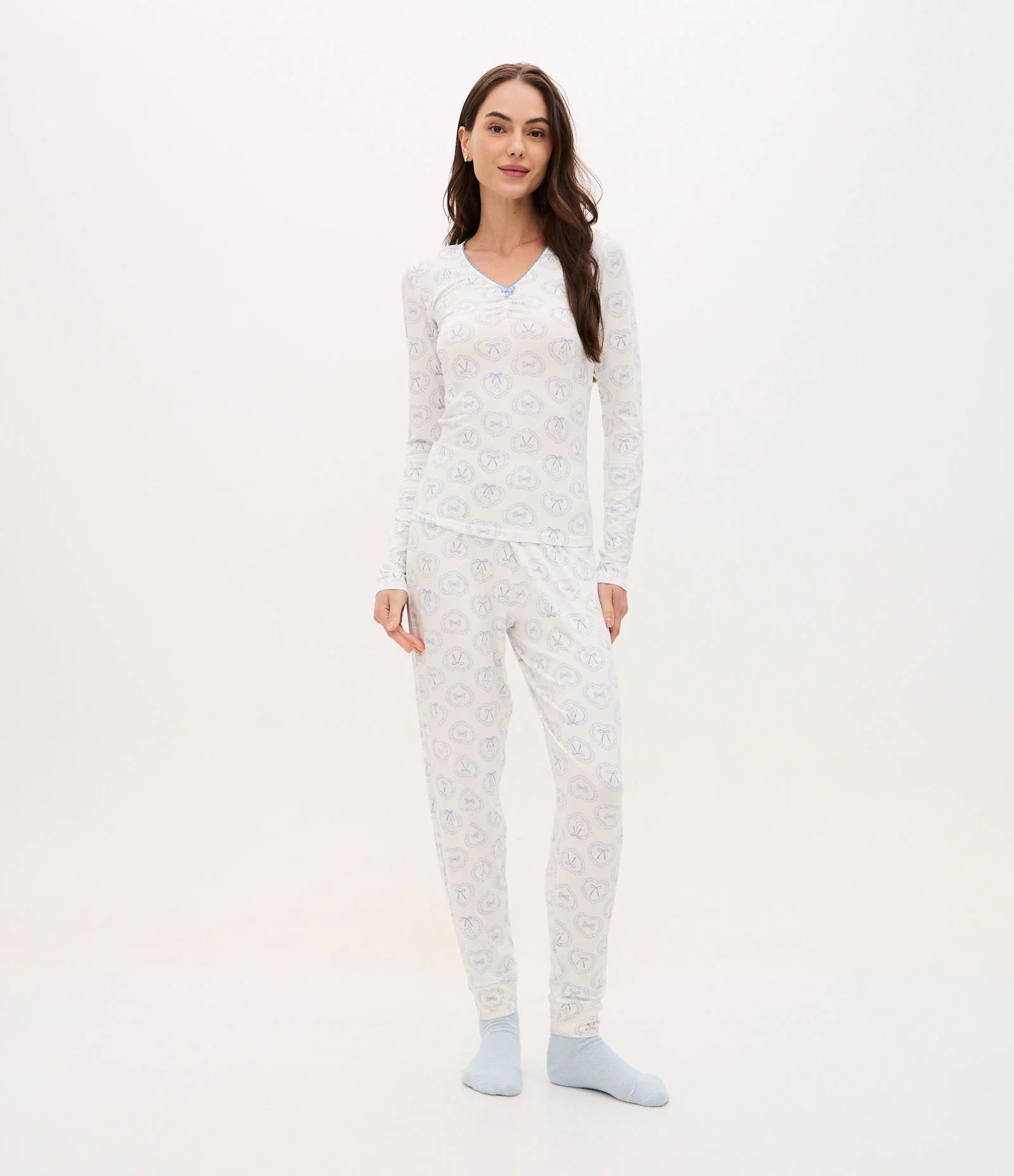 Pijama Longo em Viscolycra com Estampa de Laços Branco/Azul 2