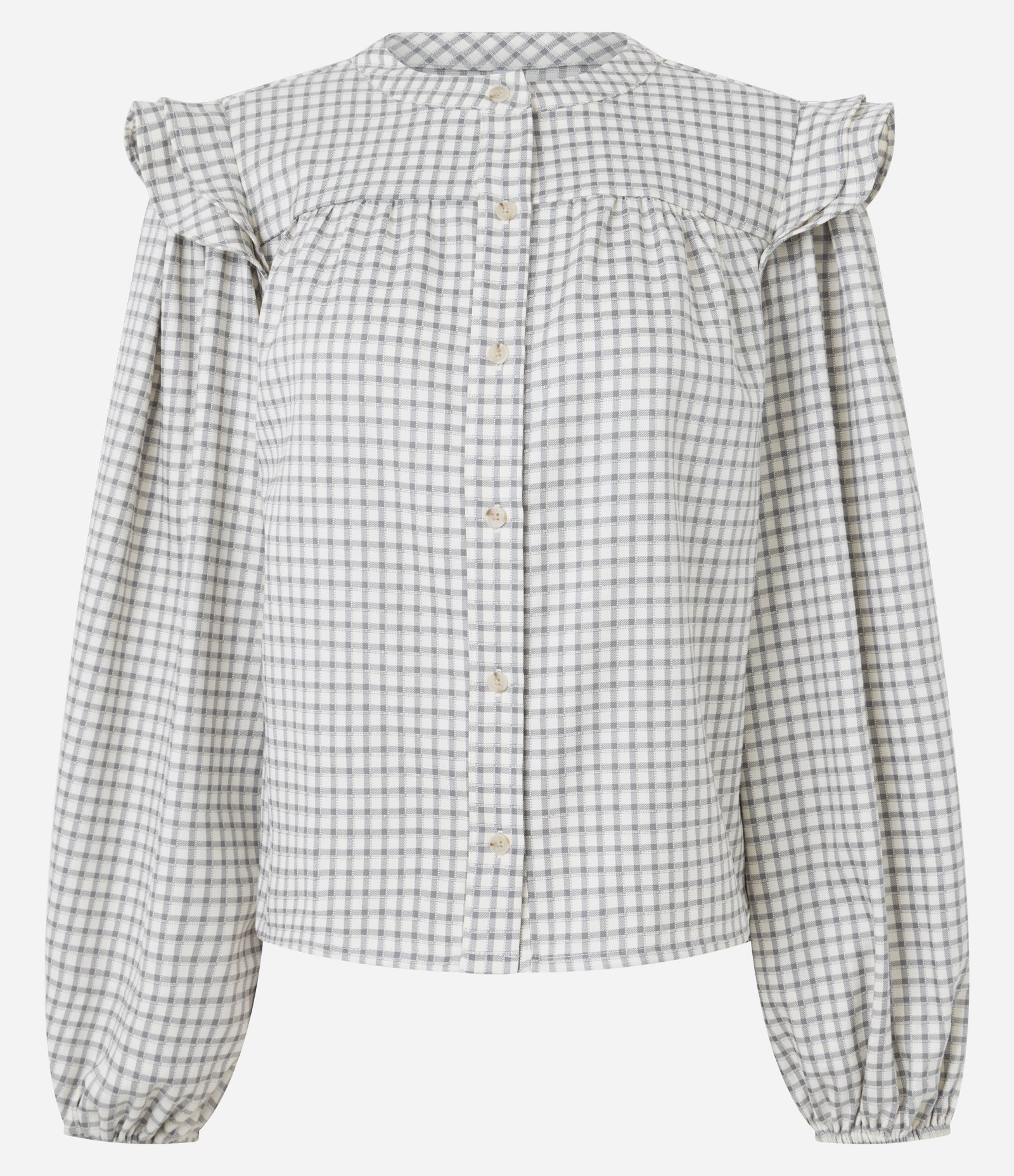 Blusa Bata em Tricoline Xadrez com Babados nos Ombros Off White 5