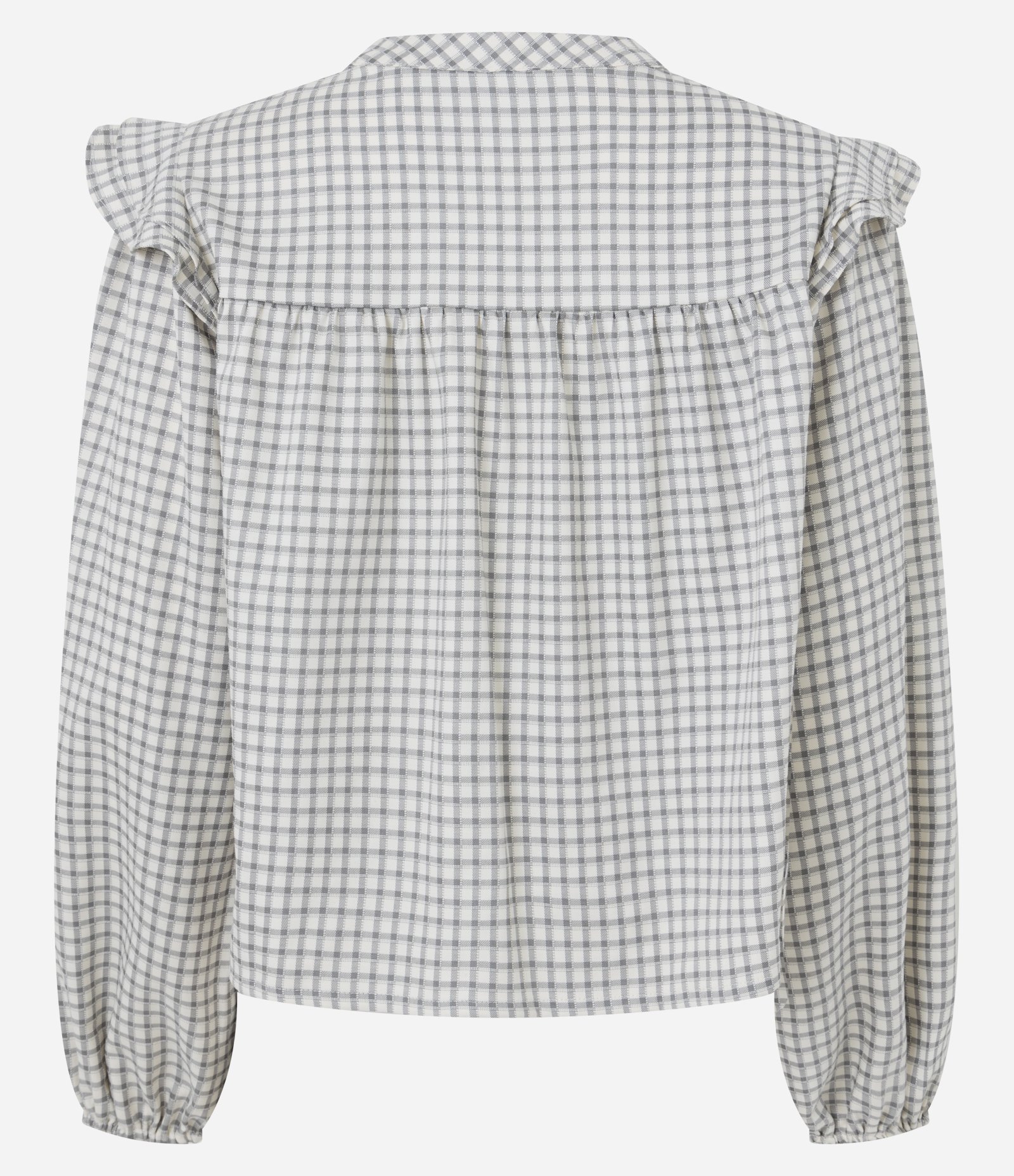 Blusa Bata em Tricoline Xadrez com Babados nos Ombros Off White 6