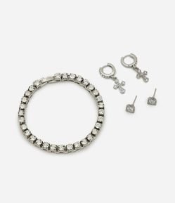 Kit Brinco Metal Cruz e Solitário com Pulseira Cravejada