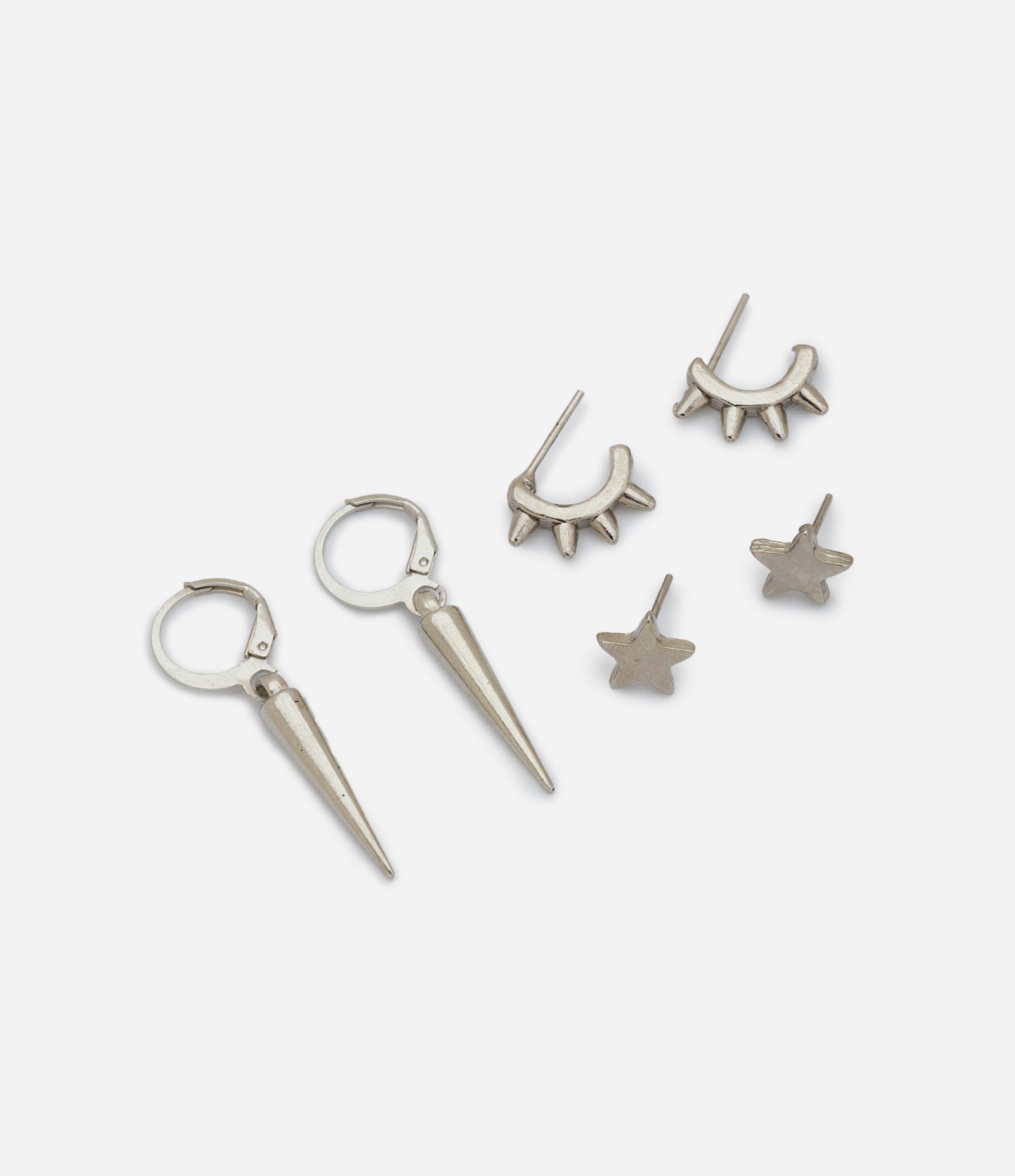 Kit com 3 Pares de Brincos em Metal Spikes e Estrela Prata 4