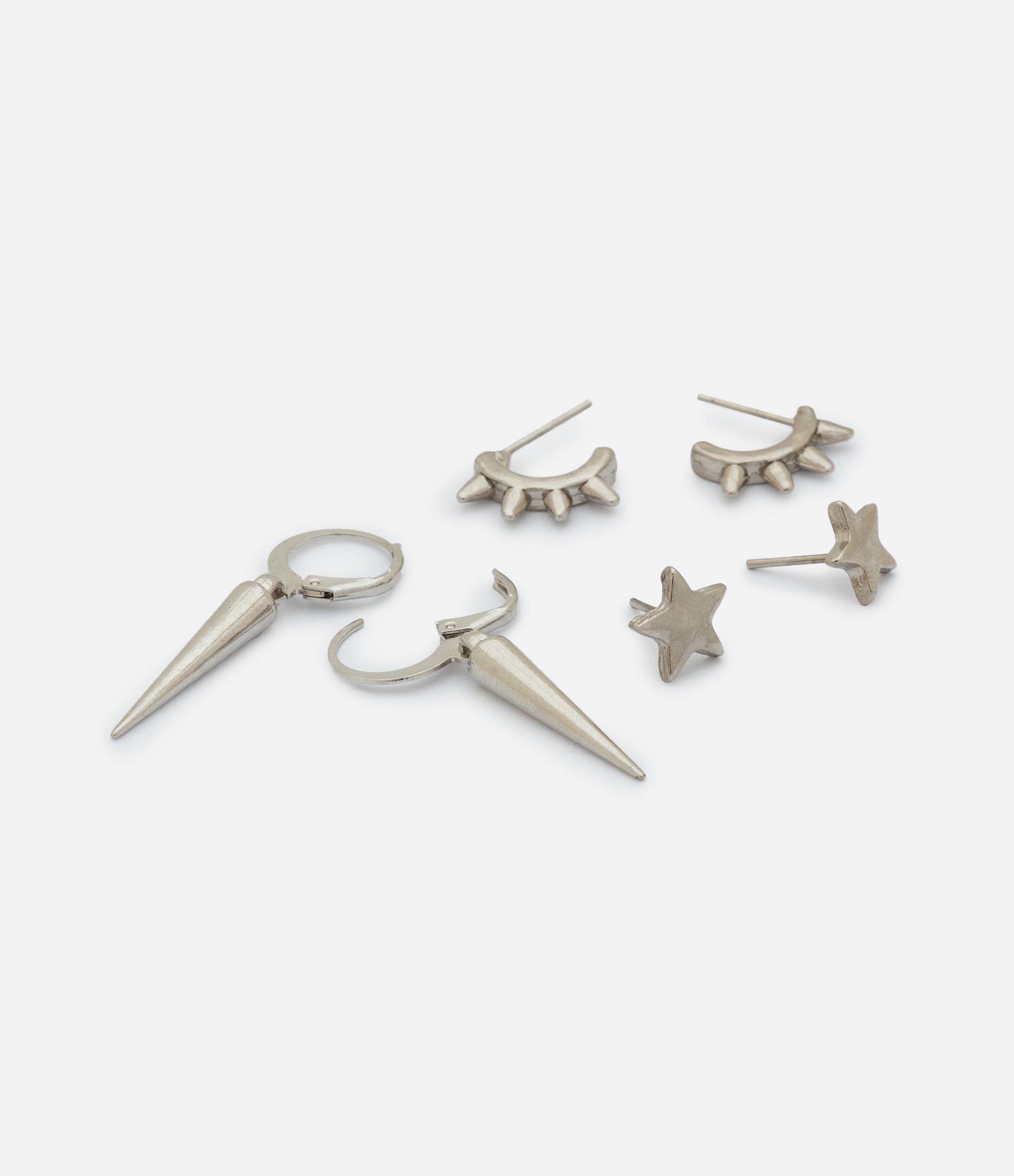 Kit com 3 Pares de Brincos em Metal Spikes e Estrela Prata 5