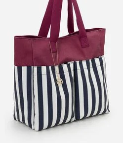 Bolsa em Lona com Bolso Frontal e Estampa Listrada