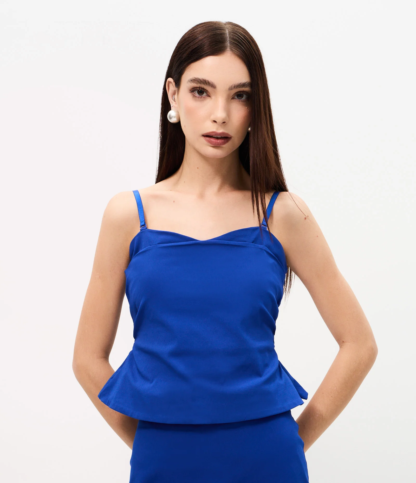 Blusa em Bengaline com Decote Coração e Alças Removíveis Azul 1