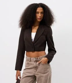 Blazer Cropped Alfaiatado em Xadrez com Abotoamento Único