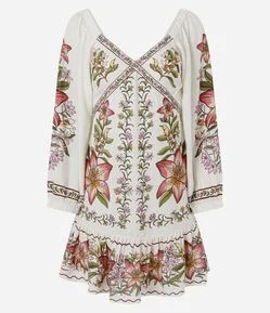 Vestido Curto em Viscose com Estampa Floral Botânica e Decote V