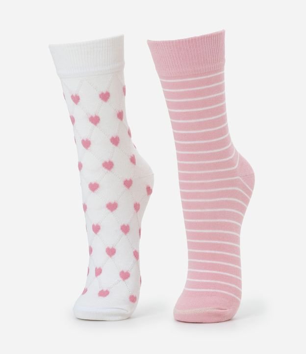 Kit 02 Meias Cano Médio em Algodão com Listras e Corações