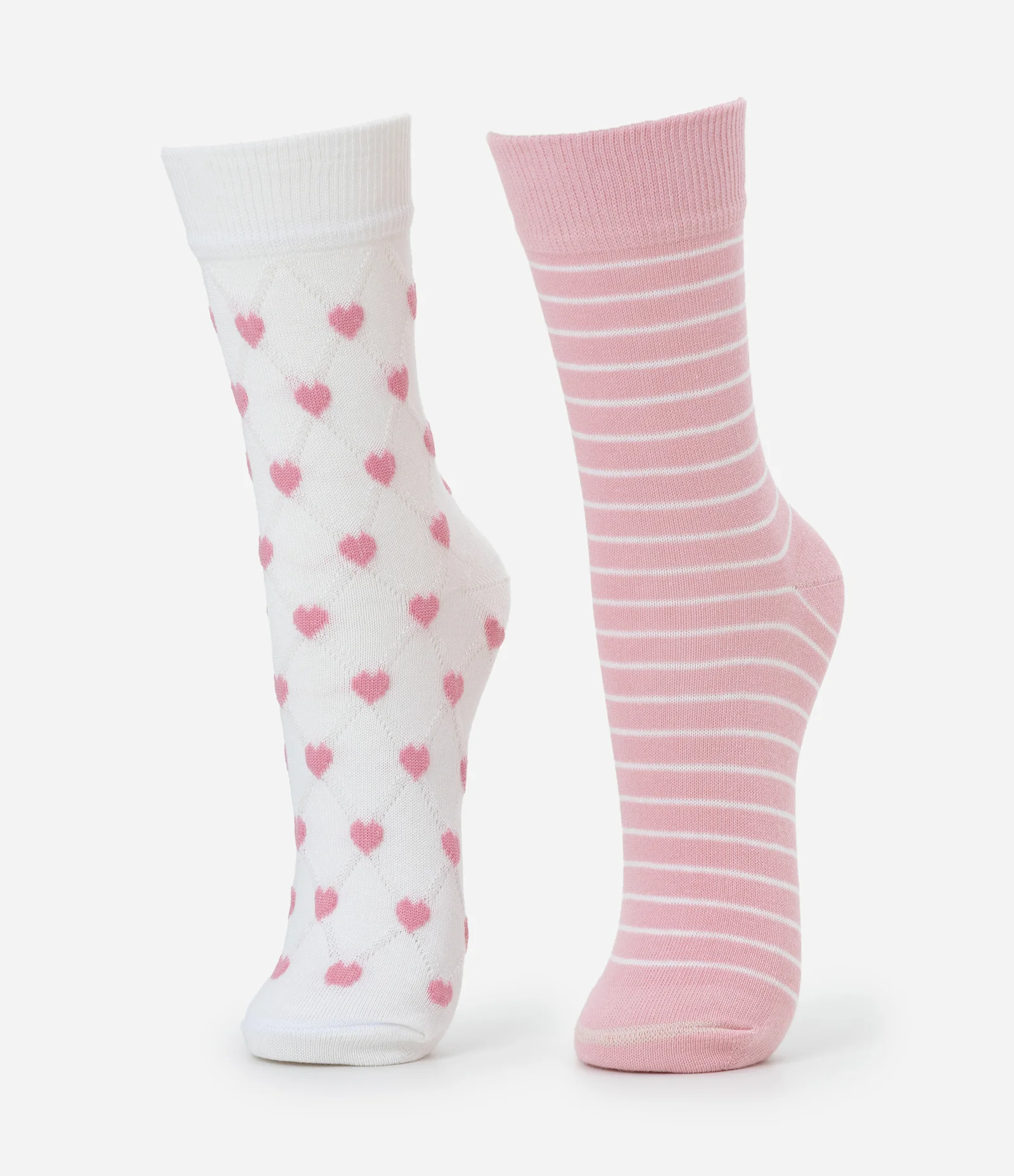 Kit 02 Meias Cano Médio em Algodão com Listras e Corações Rosa/Branco 1
