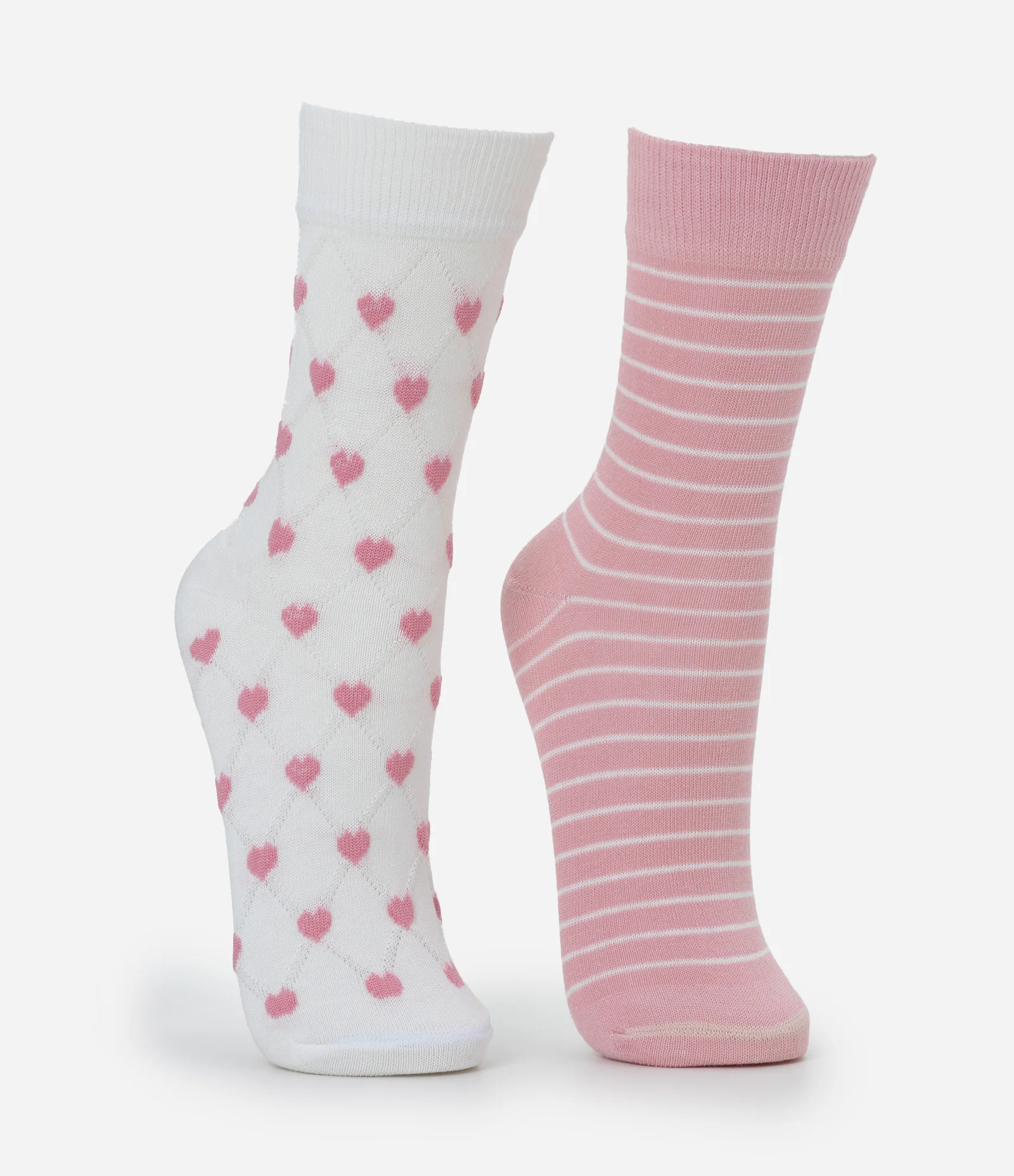 Kit 02 Meias Cano Médio em Algodão com Listras e Corações Rosa/Branco 2