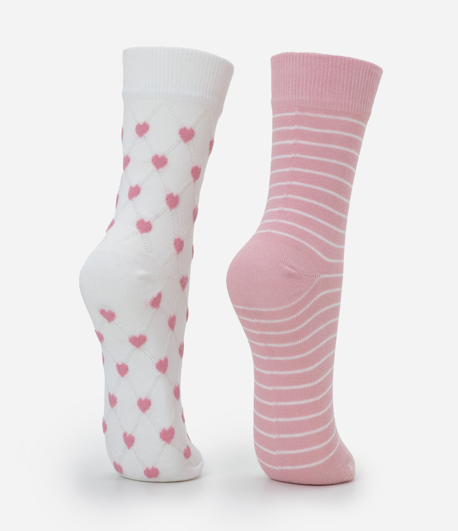 Kit 02 Meias Cano Médio em Algodão com Listras e Corações Rosa/Branco 3