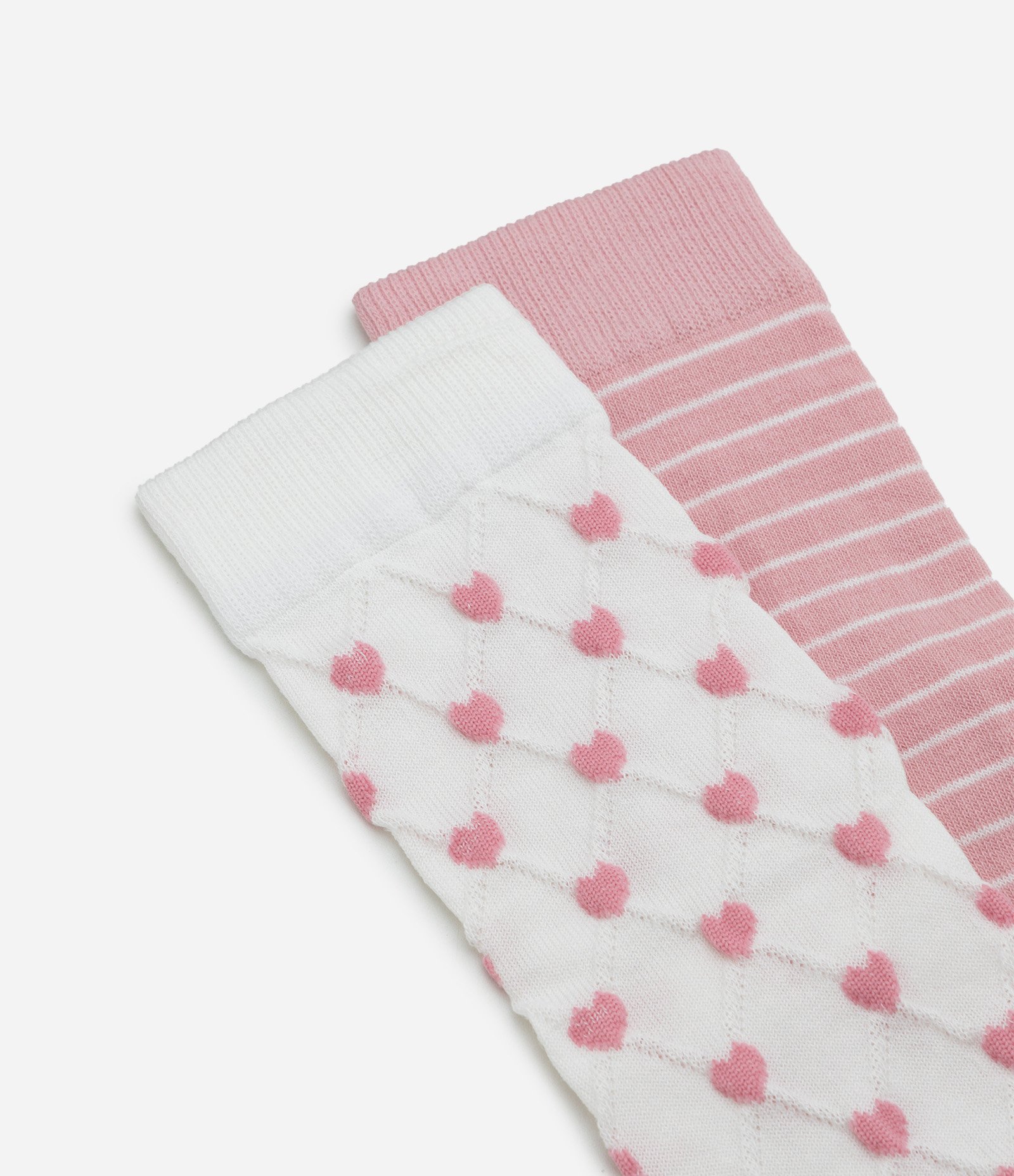 Kit 02 Meias Cano Médio em Algodão com Listras e Corações Rosa/Branco 4