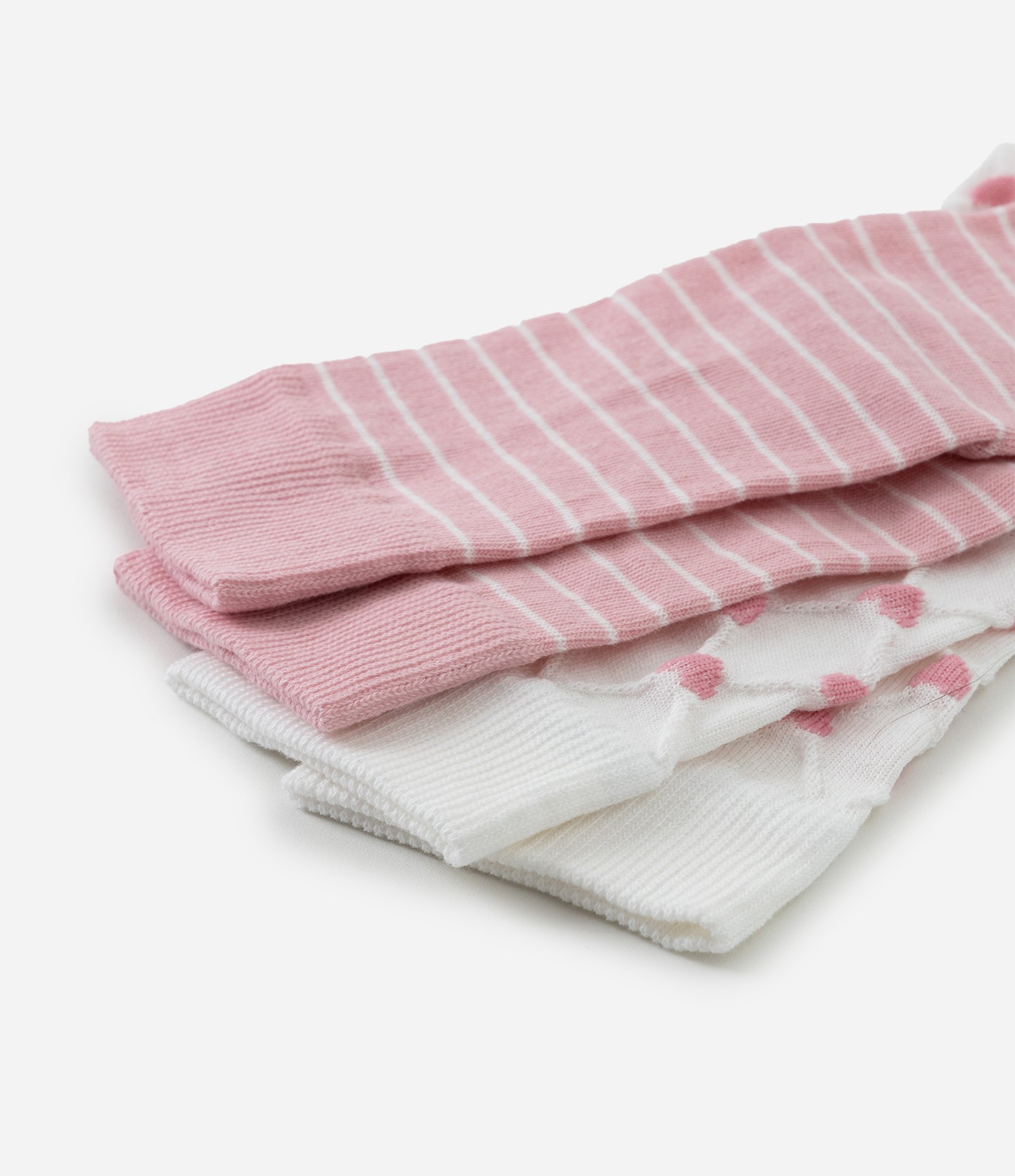 Kit 02 Meias Cano Médio em Algodão com Listras e Corações Rosa/Branco 5