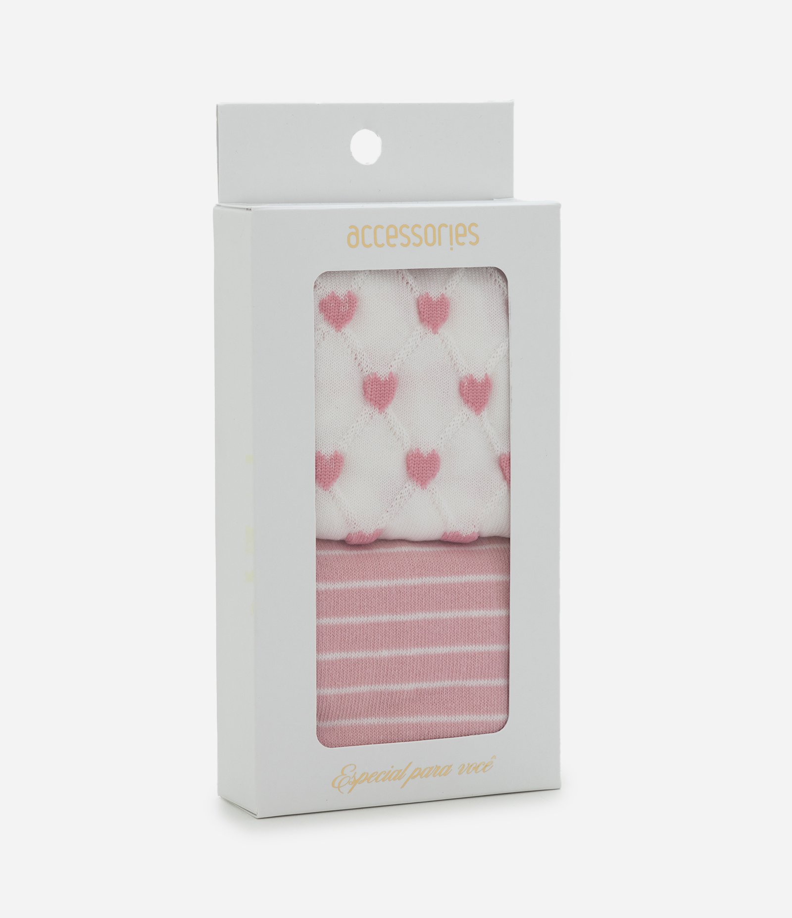 Kit 02 Meias Cano Médio em Algodão com Listras e Corações Rosa/Branco 6