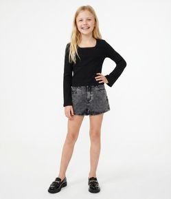 Blusa Infantil Manga Longa com Decote Quadrado e Renda – Tam 7 a 16 Anos