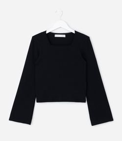 Blusa Infantil Manga Longa com Decote Quadrado e Renda – Tam 7 a 16 Anos