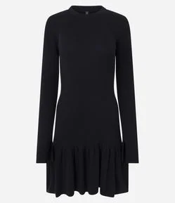 Vestido Curto Manga Longa em Tricô com Saia Rodada