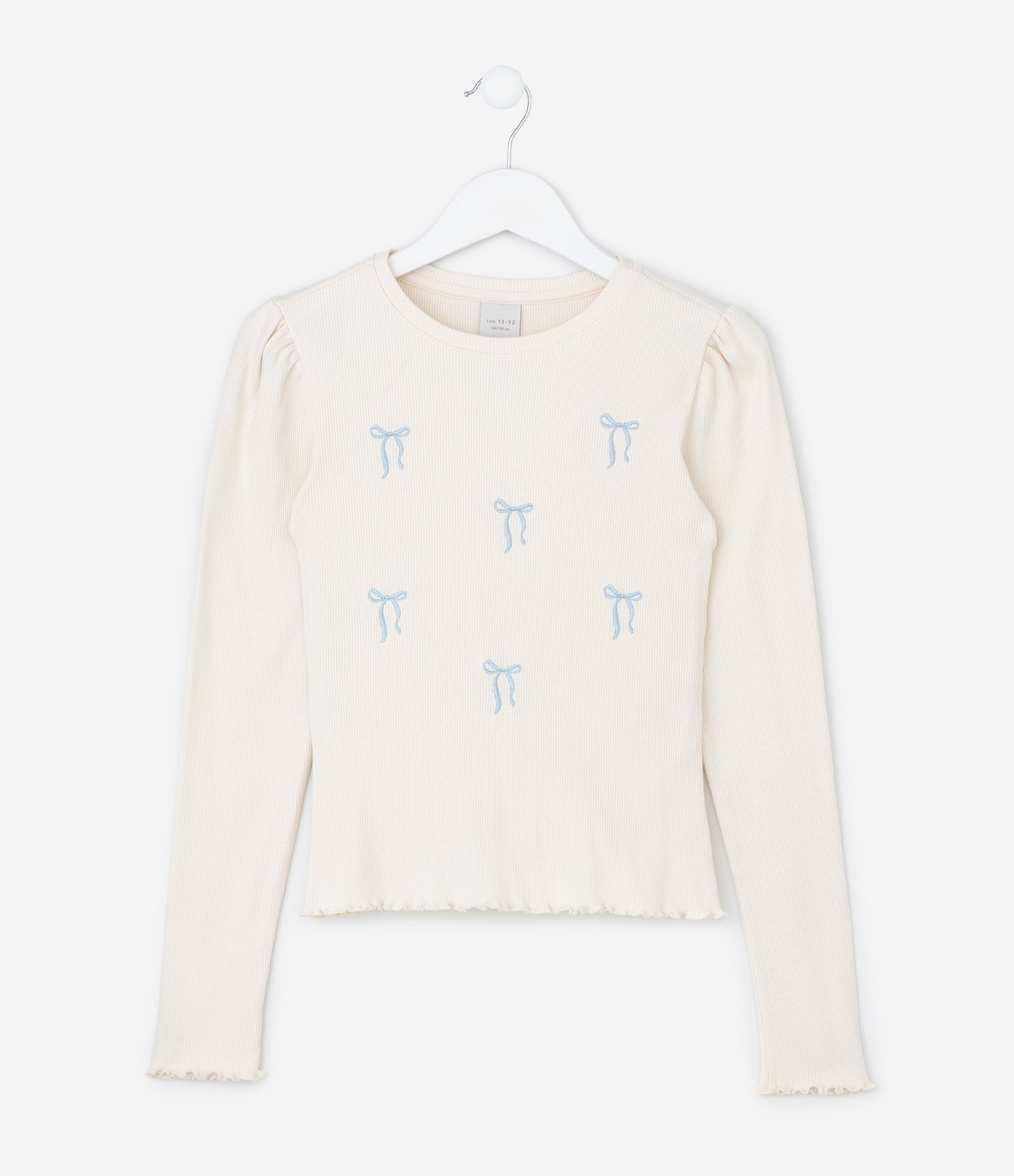 Blusa Infantil Baby Look com Bordado de Laços – Tam 5 a 14 Anos Bege Claro 1