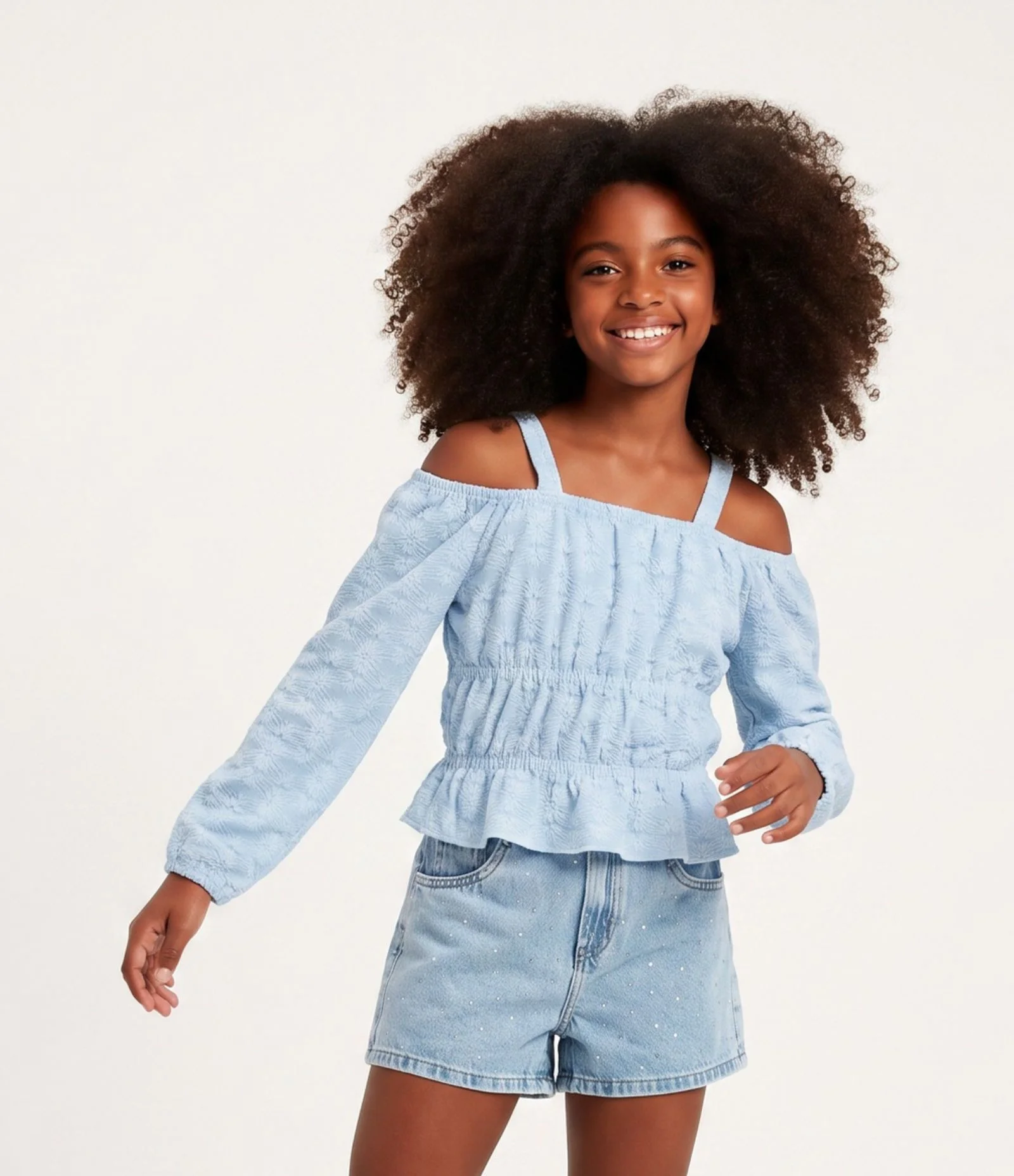 Blusa Infantil Slim Manga Longa em Renda – Tam 7 a 16 Anos Azul Claro 1