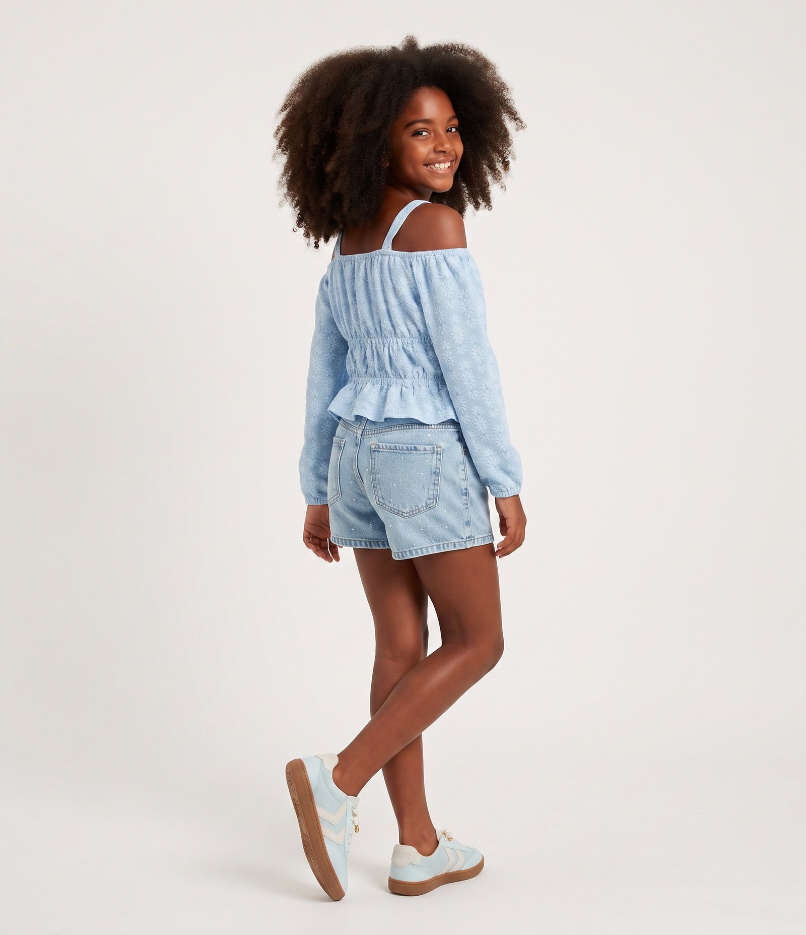 Blusa Infantil Slim Manga Longa em Renda – Tam 7 a 16 Anos Azul Claro 2