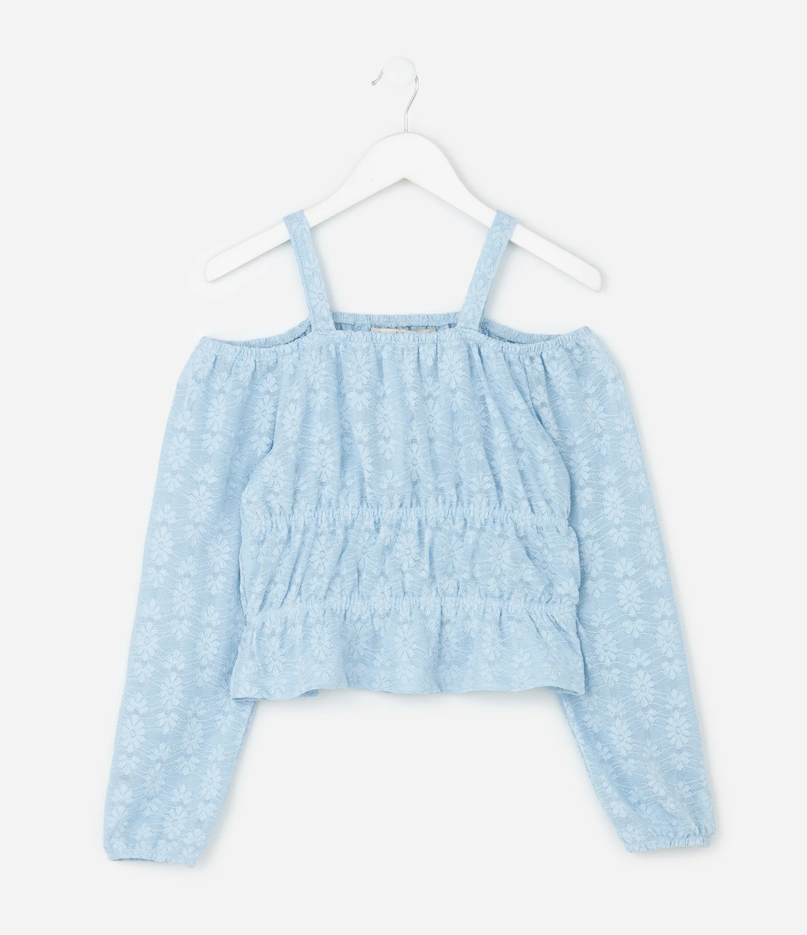 Blusa Infantil Slim Manga Longa em Renda – Tam 7 a 16 Anos Azul Claro 1