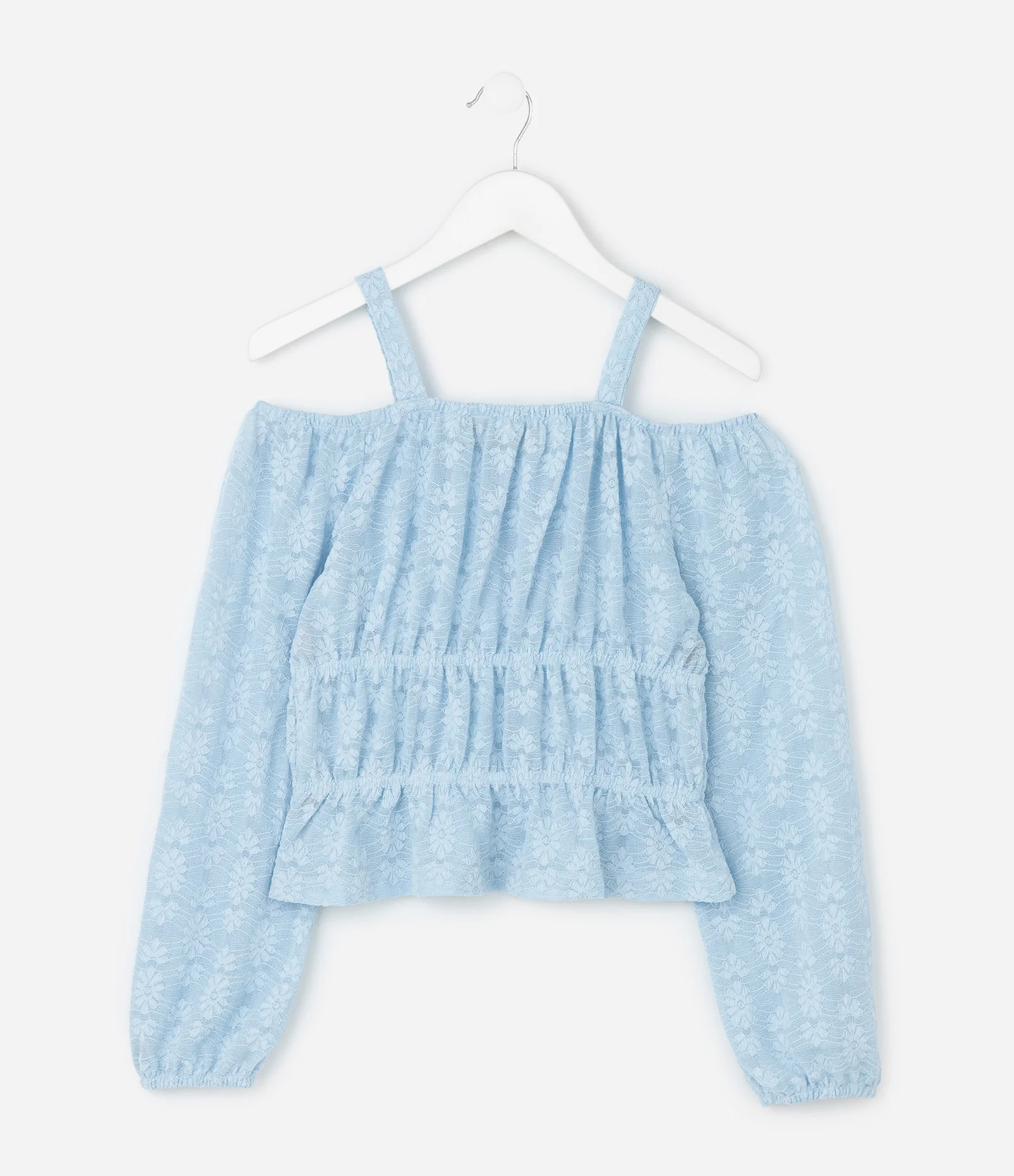 Blusa Infantil Slim Manga Longa em Renda – Tam 7 a 16 Anos Azul Claro 2