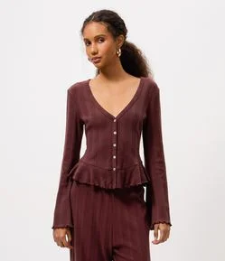 Blusa Peplum em Tricô Texturizado com Abotoamento