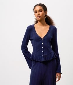 Blusa Peplum em Tricô Texturizado com Abotoamento