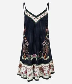 Vestido Curto em Viscose com Estampa Coqueiro e Barra Contrastante