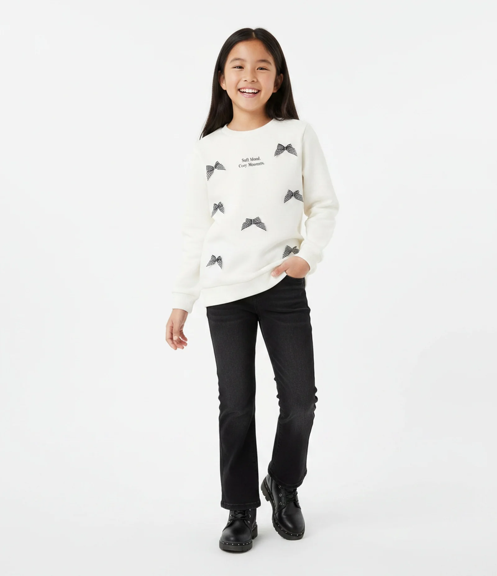 Casaco Infantil em Moletom com Felpa e Laços Xadrez – Tam 5 a 14 Anos Off White 1