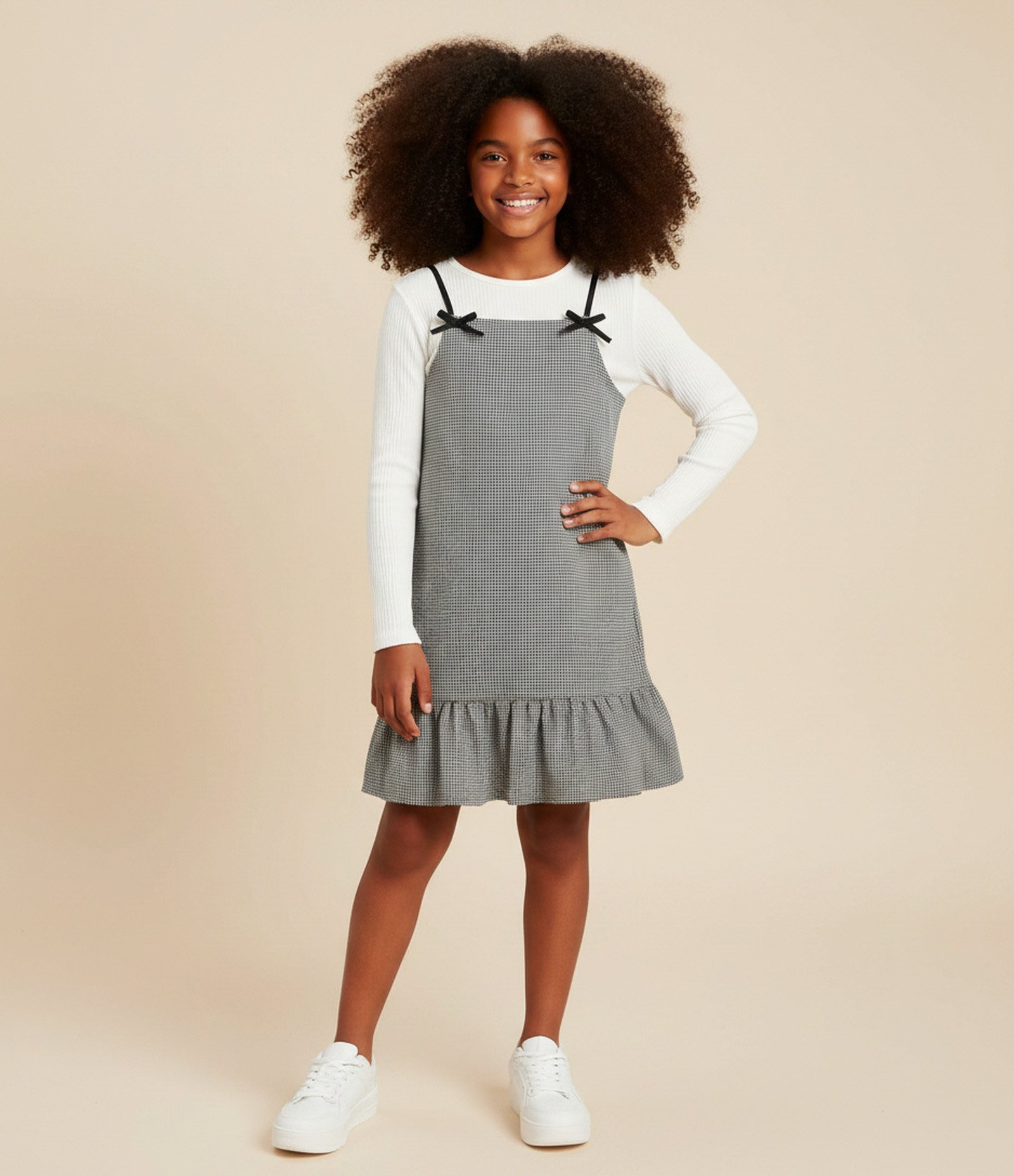 Vestido Infantil Tweed com Blusa Manga Longa - Tam 5 a 14 Anos Preto 1
