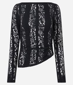 Blusa Assimétrica Manga Longa em Renda com Franzido Lateral