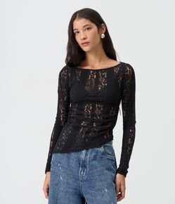 Blusa Assimétrica Manga Longa em Renda com Franzido Lateral