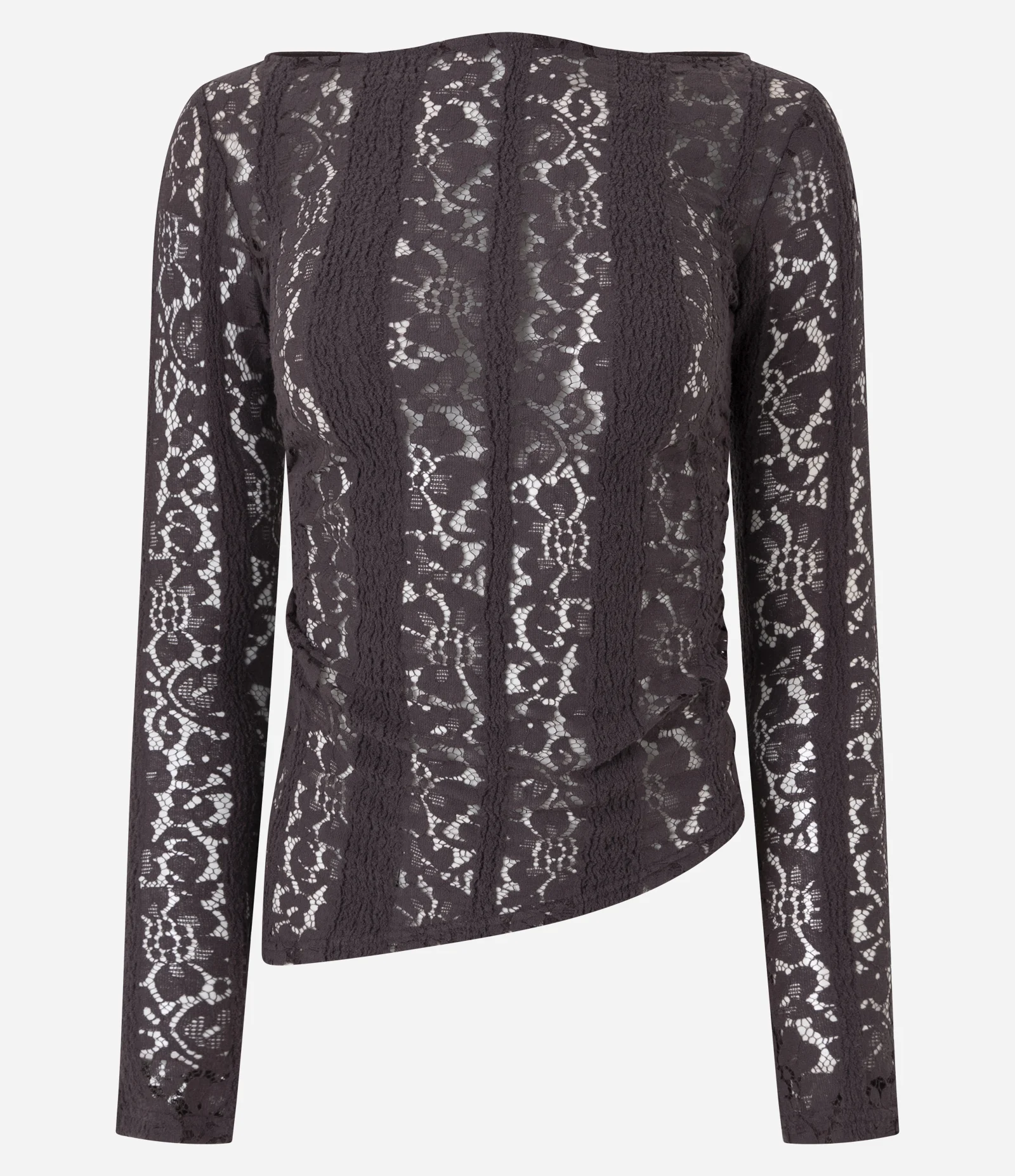Blusa Assimétrica Manga Longa em Renda com Franzido Lateral Marrom 1