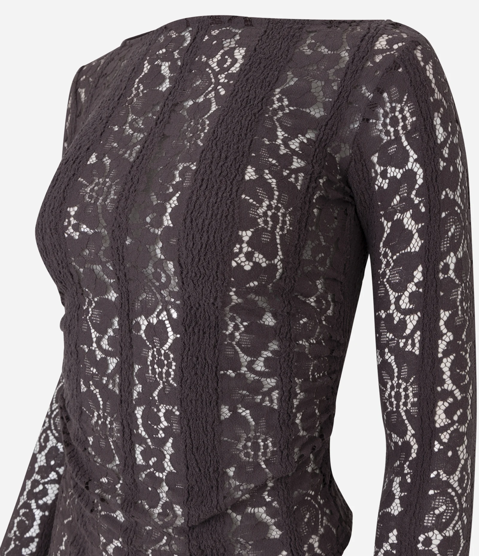 Blusa Assimétrica Manga Longa em Renda com Franzido Lateral Marrom 2