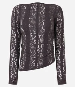 Blusa Assimétrica Manga Longa em Renda com Franzido Lateral