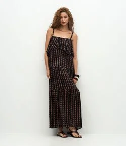 Vestido Longo Estampado com Aviamento nas Alças