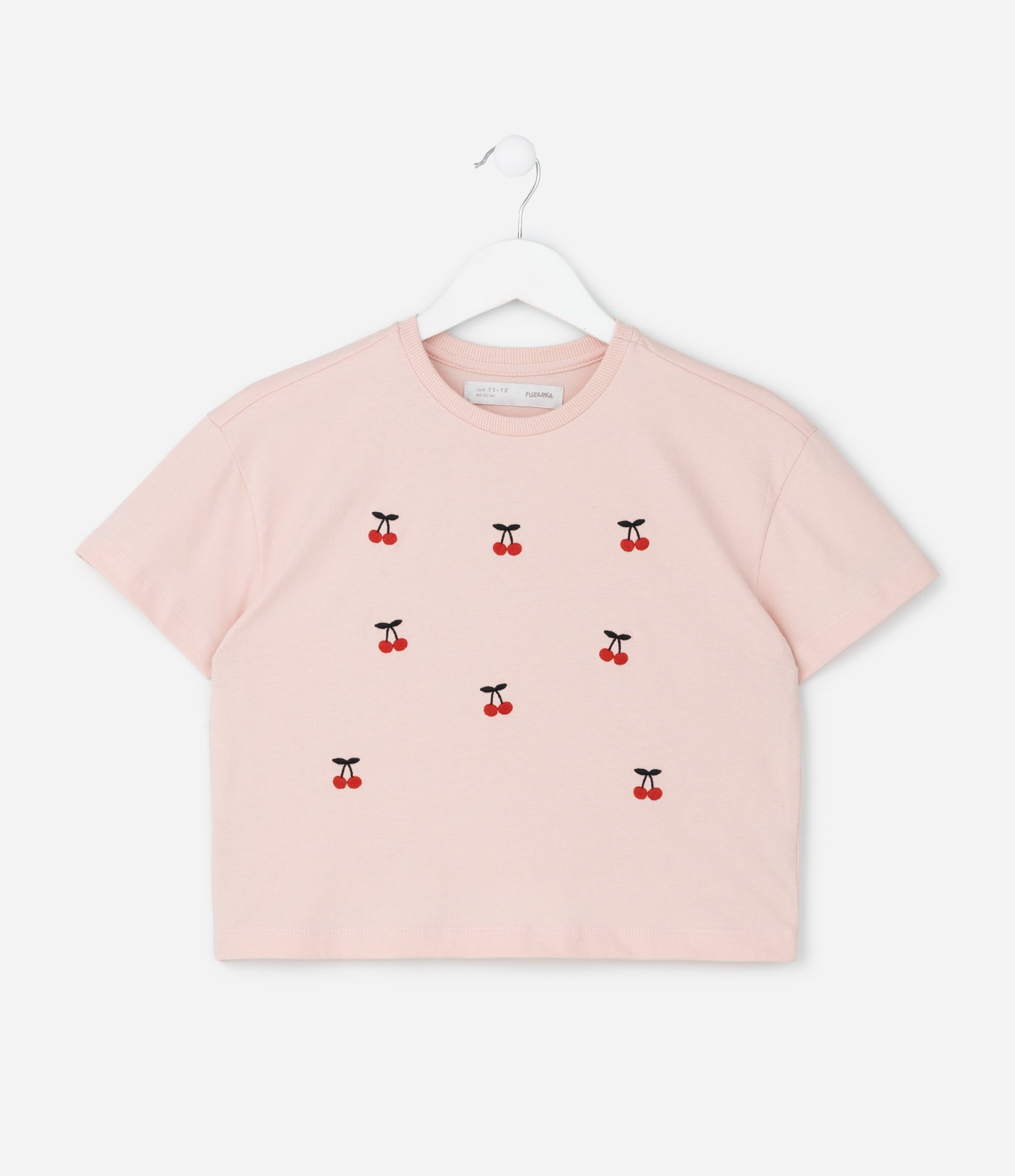 Camiseta Infantil Boxy com Bordados de Cerejas – Tam 5 a 14 Anos Rosa Claro 2